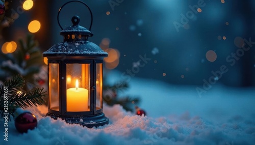 Vintage Christmas lantern with candlelight, dark blue snowy background, bokeh , charming, still life, holiday