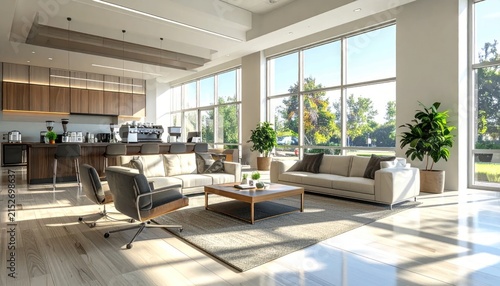 Modern luxury hotel lobby lounge with bright natural light and panoramic windows.