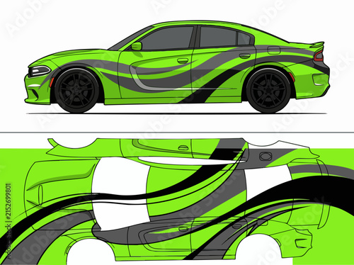 Green and Black Sports Car with Custom Vinyl Wrap Design