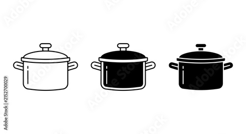 Simple Pot Icons, Cooking Vessels, Kitchenware Set, Black and White Vector Graphics