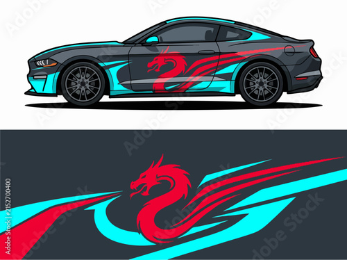 Sporty car with vibrant dragon decal design