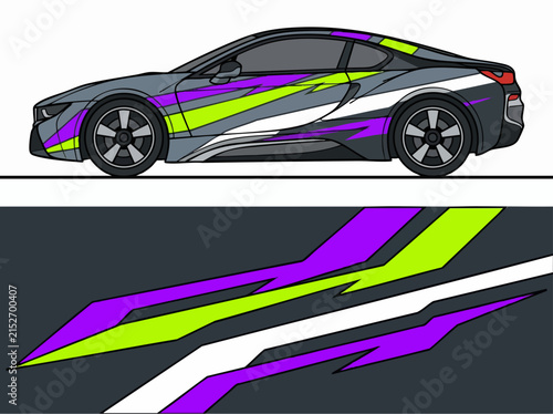 Sporty car with vibrant geometric racing decals and sleek design