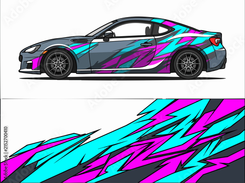Sporty car with vibrant geometric wrap design