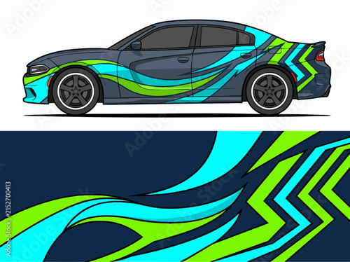 Sporty car with vibrant geometric wrap design