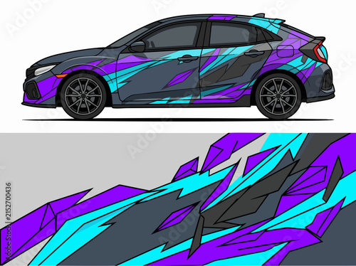 Sporty hatchback car with vibrant geometric vinyl wrap design