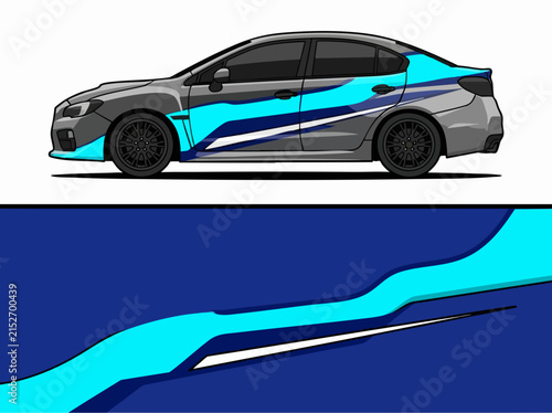Sporty sedan with dynamic blue and gray wrap design