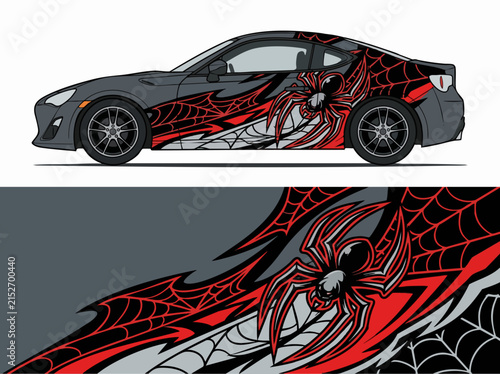 Sporty car with red spider web and arachnid decal wrap