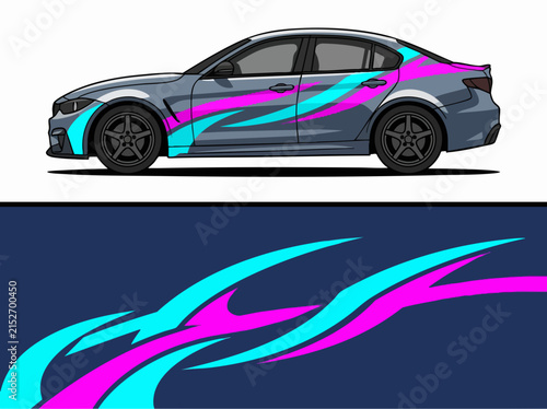 Sporty sedan with vibrant neon wave design wrap