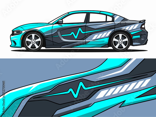 Turquoise sports car with dynamic wave decal design