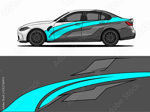 Sporty sedan with dynamic blue and gray design wrap