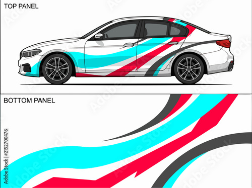 White car with colorful racing stripe decal design