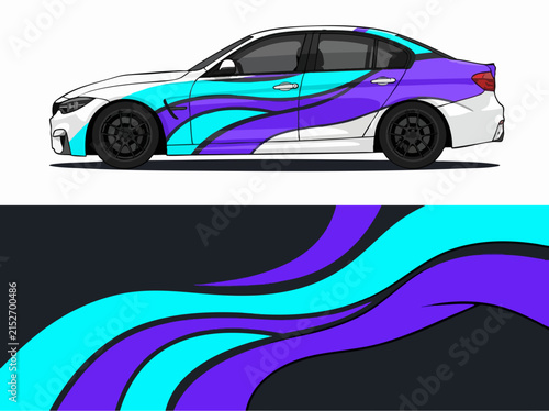 White sedan with vibrant purple and cyan wave design wrap