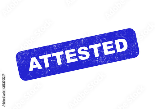 Fotografía Blue rectangular rubber stamp with the word attested in a grunge rough style iso
