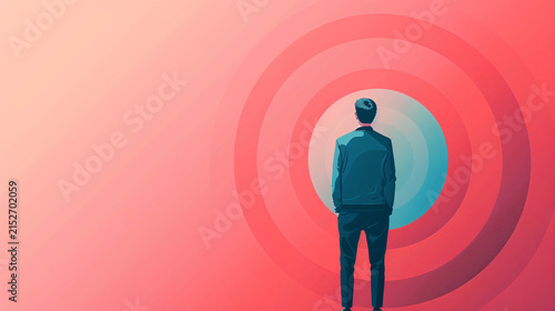 Human silhouette standing before concentric abstract circles symbolizing focus and personal transformation