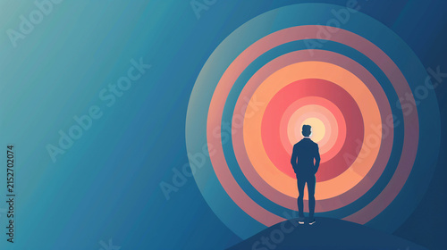 Human silhouette standing before concentric abstract circles symbolizing focus and personal transformation