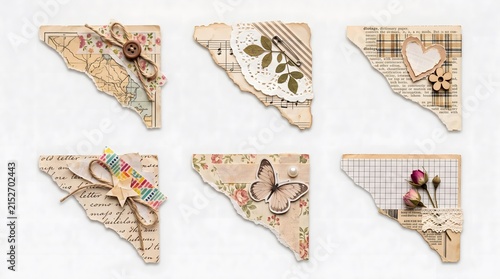 Handmade vintage scrapbook corner decorations with paper, lace, and embellishments