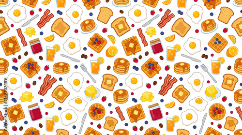 Colorful breakfast food seamless pattern with pancakes eggs and bacon