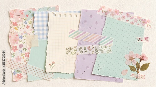Delicate scrapbook background with pastel torn papers, floral patterns, and decorative tapes in a flat lay