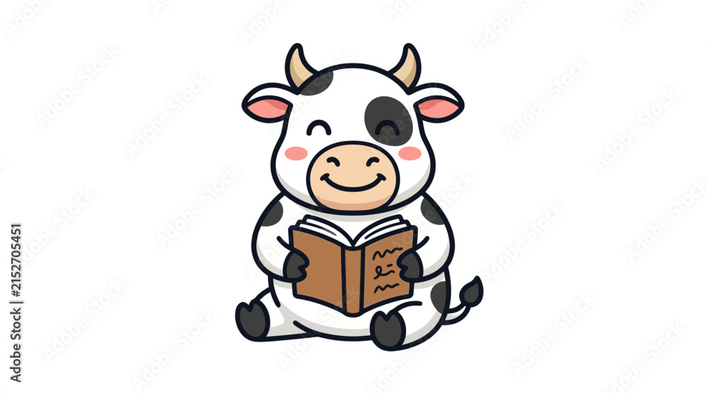 Fototapeta premium Cute Adorable Cow Character Reading A Book Illustration Featuring A Friendly Farm Animal Engaged In Educational Study Activities For Kids Projects