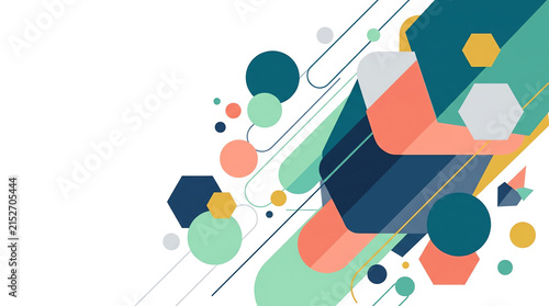Abstract geometric composition with colorful circles and hexagons
