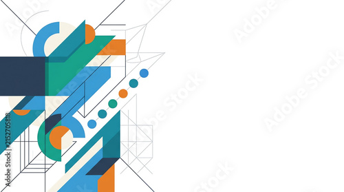 Abstract geometric composition with colorful shapes and thin lines