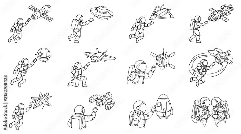 Fototapeta premium Astronauts in Space: Exploring Planets, Rockets, UFOs, and Satellites - Hand-drawn Style