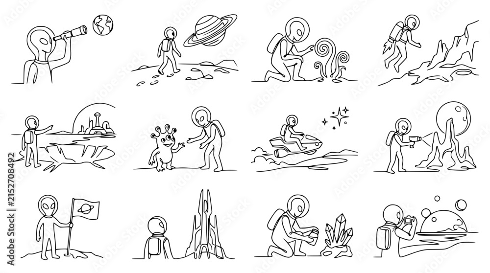 Fototapeta premium Alien Astronauts Explore Planets, Discover Life, Crystals, and Strange Landscapes