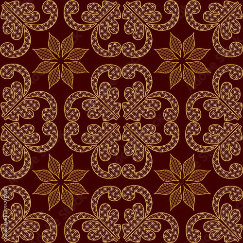 Bild auf Leinwand Seamless damask pattern with ornate golden floral motifs on deep burgundy backgr
