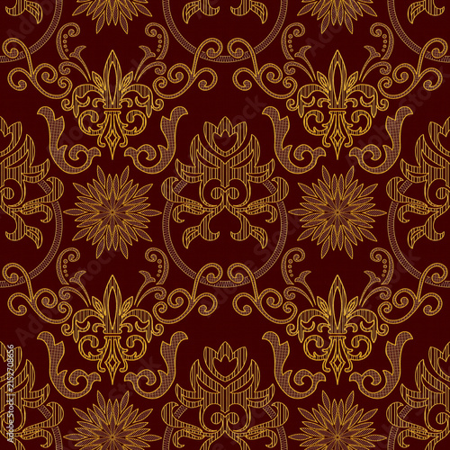 Foto Detailed ornamental damask pattern featuring golden floral filigree on deep red