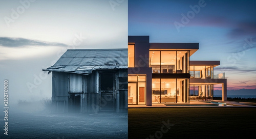 A split screen comparison of an old rustic farmhouse in fog contrasted with a modern luxury villa architectural design at sunset