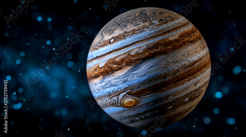 Gas giant planet jupiter in deep space with glowing stars and cosmic nebula background