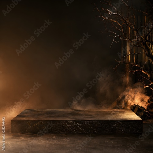 Textured dark metallic rectangular display pedestal featuring weathered stone surfaces and moody golden lighting accents captured in a cinematic studio setup for luxury product photography displays