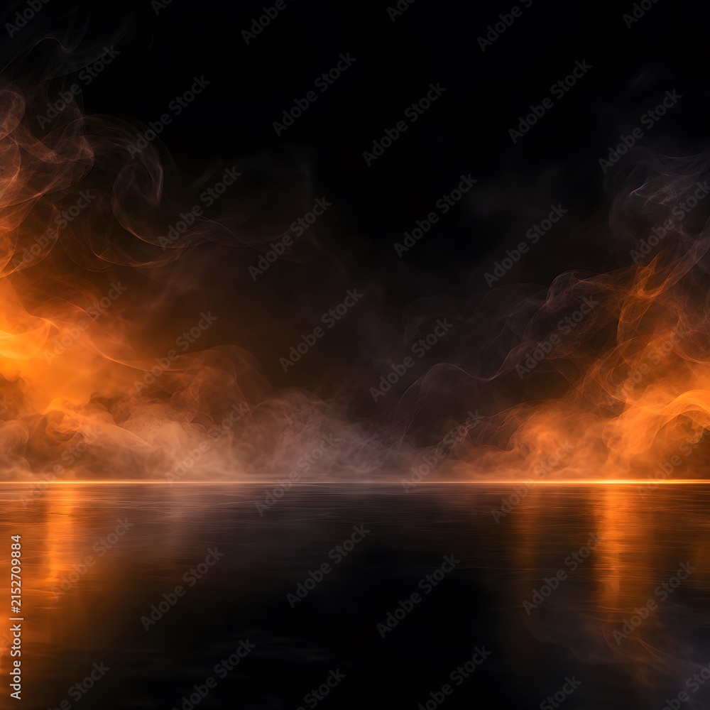 Fototapeta premium Glowing orange fire smoke swirls over dark reflective liquid surface creating an intense dramatic atmosphere with vibrant golden light rays captured in this high contrast composition.