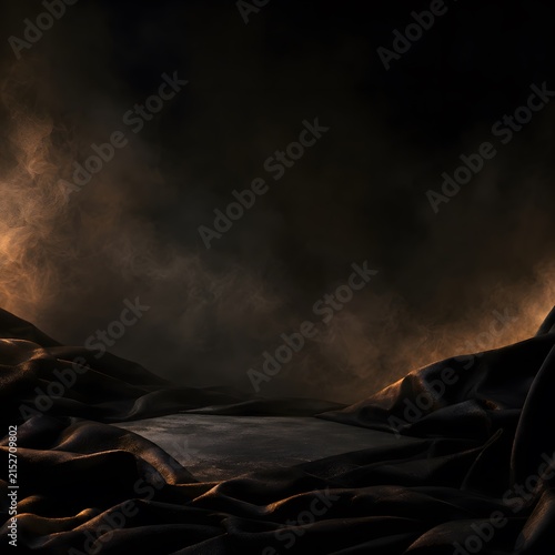 Dark elegant display platform featuring flowing black fabric draped in artistic folds under golden rim lighting creating a luxurious minimalist mood for high end product photography.