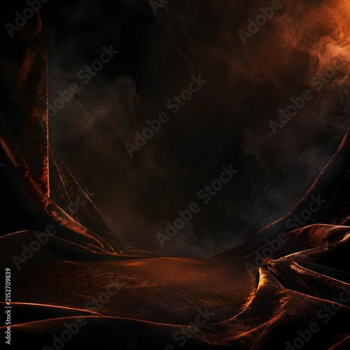 Luxurious dark velvet fabric draped with flowing curves and warm glowing light reflections creating a mysterious atmosphere for a professional product display in high resolution