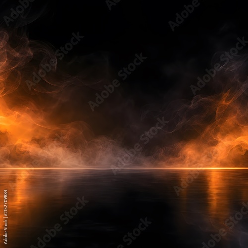 Glowing orange fire smoke swirls over dark reflective liquid surface creating an intense dramatic atmosphere with vibrant golden light rays captured in this high contrast composition.