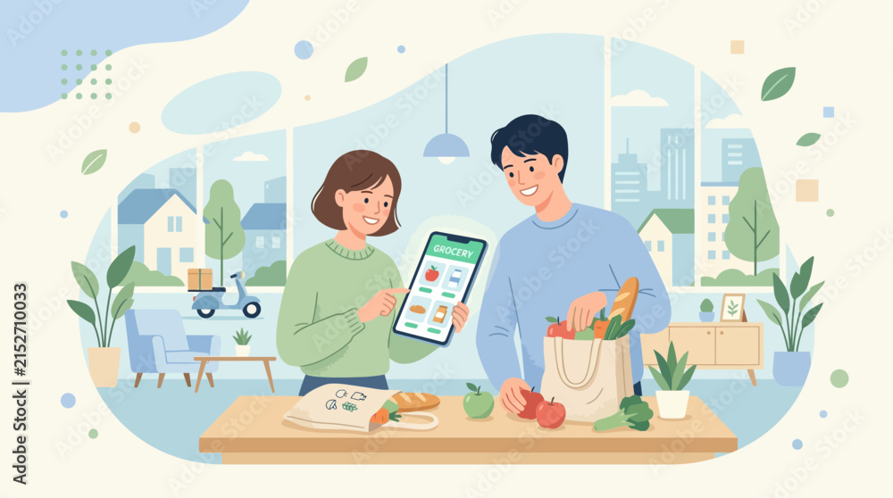 Fototapeta premium Couple Ordering Groceries Online with Tablet, Fresh Food Delivery