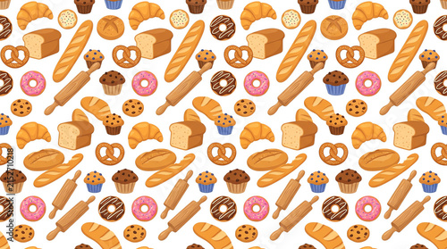 Assorted bakery products pattern with bread loaves and sweet pastries