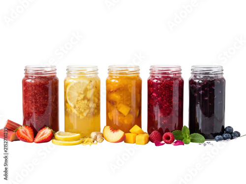 Assorted fruit jam jars. Glass containers with berry and citrus preserves isolated on white.