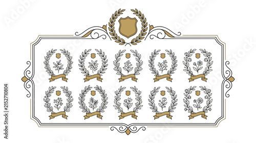 Heraldic Crests with Botanical Illustrations Isolated on Transparent Background