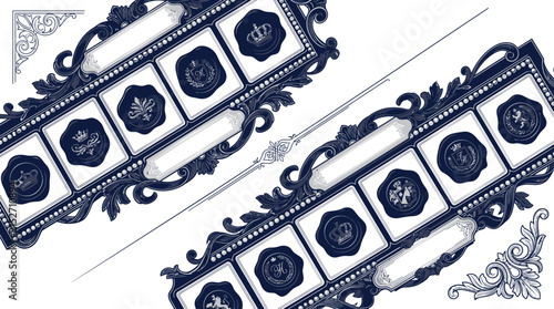 Ornate vintage frames with wax seals and ornate corners on transparent background