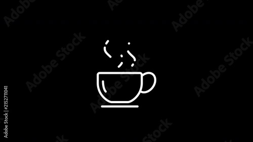 Animation of a simple white coffee cup outline steaming minimalist beverage.