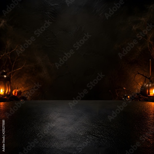 Spooky glowing pumpkin lantern sitting on a textured dark stone surface with ethereal wisps of fog and twisted barren branches under soft moody orange lighting.