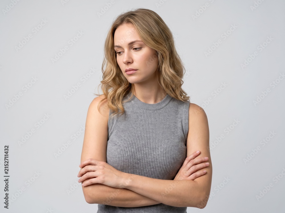 Fototapeta premium Pensive and sad young blonde woman standing with arms crossed looking down in disappointment and deep thought, wearing a casual grey sleeveless top against a solid light grey studio background wall.