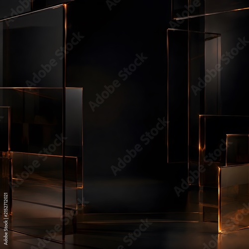 Abstract glass panels featuring sharp geometric edges and warm orange rim lighting against a deep dark void create a sophisticated minimalist showcase for luxury product displays