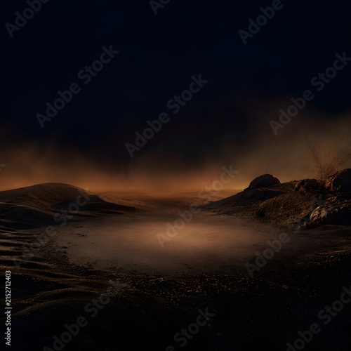 Mysterious desert landscape featuring smooth golden sand dunes and dark craggy rock formations under a deep night sky illuminated by warm glowing ethereal ambient light