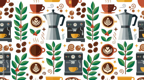 Coffee shop seamless pattern with espresso machines and beans