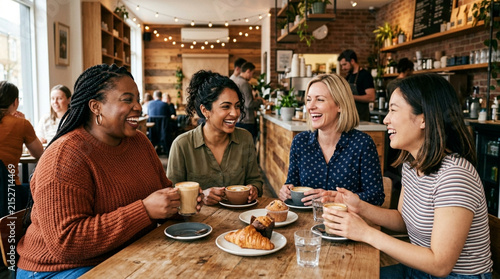 Diverse Group of Happy Women Friends Talking and Drinking Coffee in a Cozy Cafe