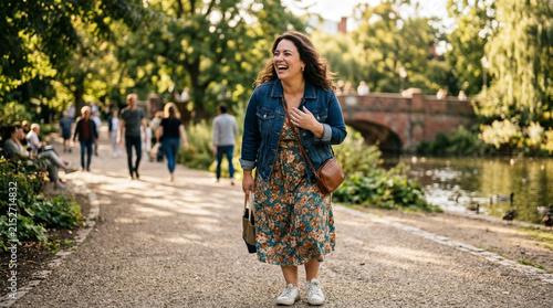Happy Woman Laughing While Walking in a Sunny City Park