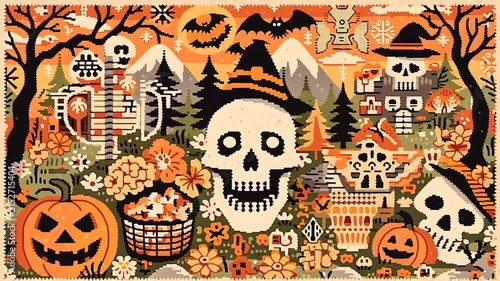 Halloween pattern with pumpkins skulls flowers and autumn forest decorations